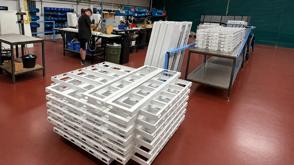 Assembled lighting luminaires on factory floor