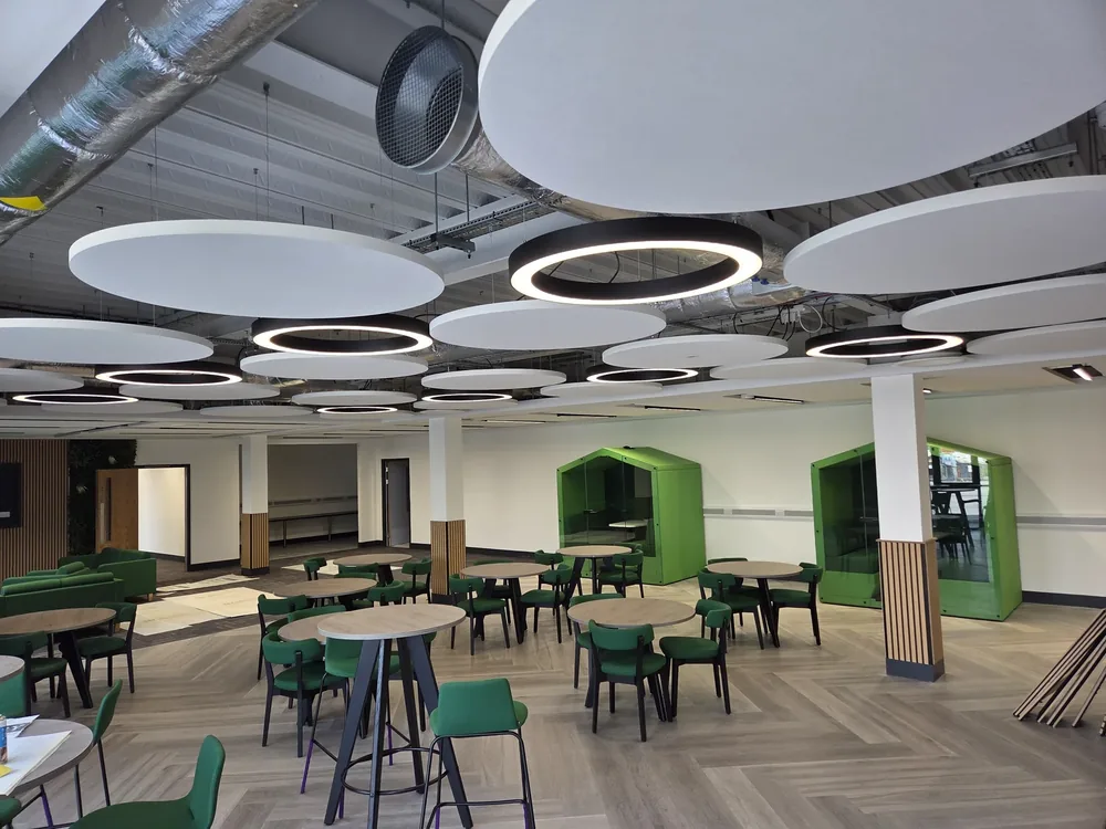 Architectural acoustic rafts and circular halo lighting